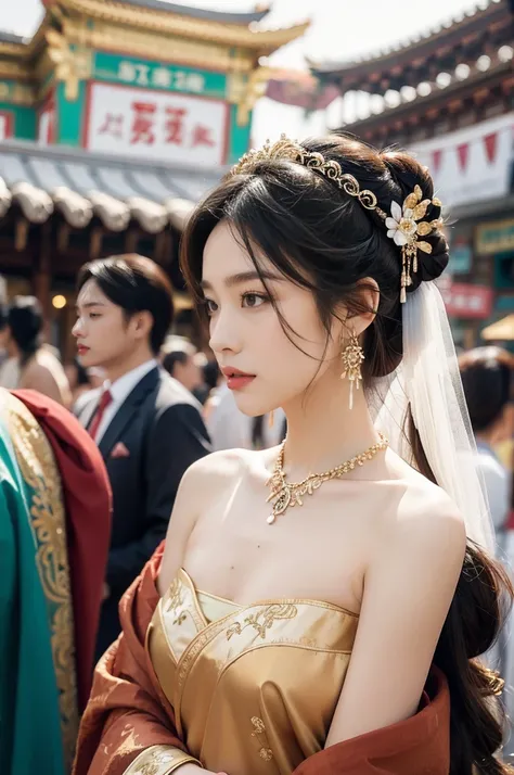 (((best quality))),(((ultra detailed))),(((masterpiece))),illustration, ((1 beautiful young girl,solo)),(bun hair:1.2)((slim,thin)),((small breasts,flat chest)),attractive, traditional Chinese attire,(Gorgeous and intricate headdress:1.3),((earrings,intric...