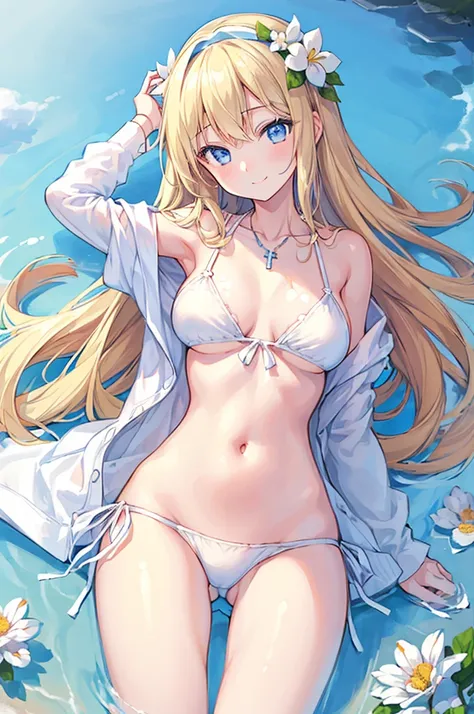 ((girl kawaii)), a extremely delicate and beautiful girl, beautifully painted, cute, sense of digital, best detailed girl, lying on the lake, wet, girl, young, long hair blown up, Hair with flower, (blond hair), cute face, (smile), complex details beautifu...