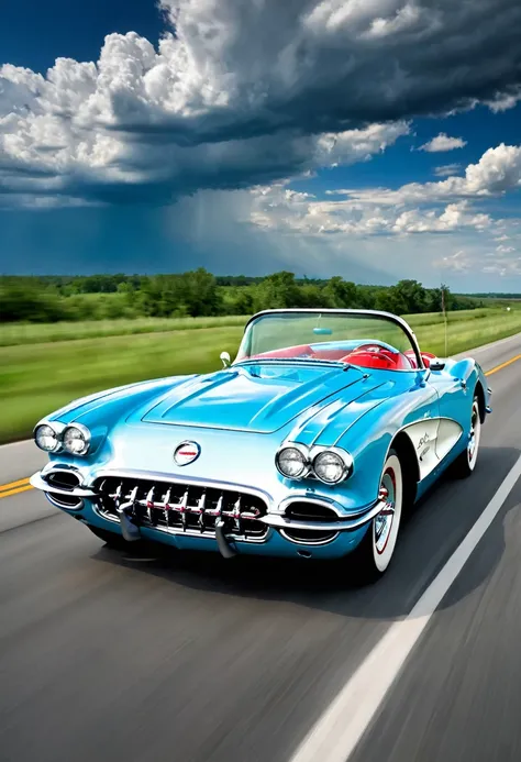 1960 Chevrolet Corvette, light blue and white two-tone, speeding down the highway under a summer sky, thunderclouds visible in the distance, camera emphasizes the sense of speed, professional lighting, professional camera,