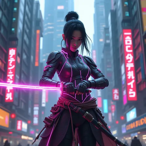 A beautiful modern-day female samurai in a cyberpunk city, holding a (((neon-lit katana sword:2))),and wearing(((armor that glows with electric energy:2))),(((cybernetic enhancements:1.6))),(ethereal fantasy concept art) . painterly, epic, majestic, cover ...