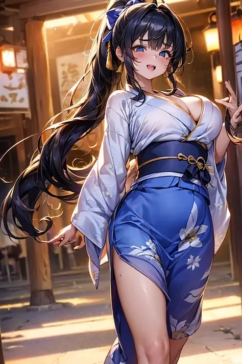 Browsing Caution,​(Highest quality, 8k, masterpiece:1.3,beautiful girl), (Very detailed)Glowing Skin,(((Long Hair,ponytail,Blue Ribbon,Beautiful Hair))),(Perfect Anatomy, Anatomically cまたはrect, Very detailed肌),((Golden Eyes,Drooping eyebrows,I narrowed my ...