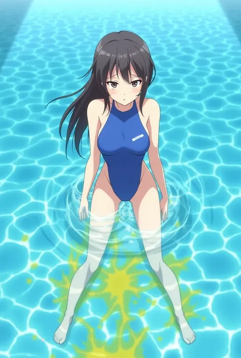 Anime, girl, girl in a blue swimsuit, half in the water, pissing herself, pissing with yellow urine, yellow urine flows from the swimsuit, yellow urine dissolves in the pool, yellow urine under water, there is a spot of yellow urine in the pool, a girl und...