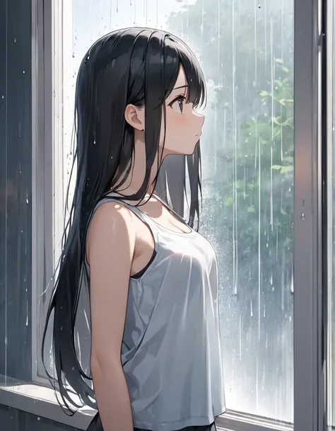 Girl,cute,cute,Chest to head,Straight Hair,Long Hair,Black Hair,Are standing,From the side,Tank top,noon,rain,Looking out the window