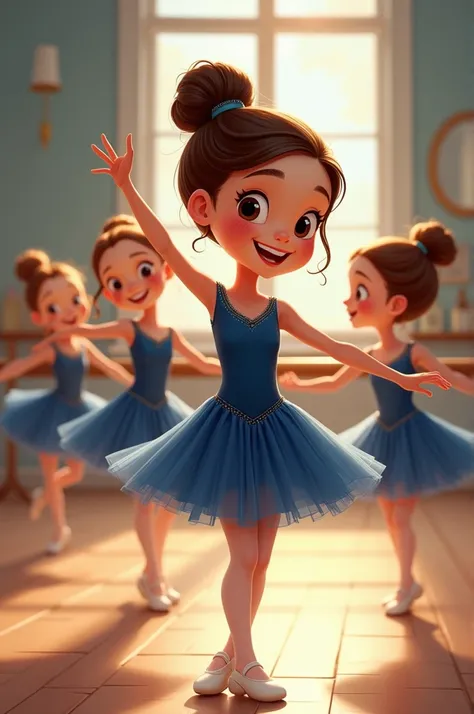 Create a Disney-style illustration of ballet girls who are in a ballet studio. Smiling girls. Well-styled with a bun. Leotard and skirt in navy blue.In the leotard, she has to have the incredible mch. 