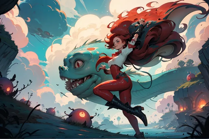 Epic sexy sheer peach skintight Cinematic PUNK ROCK cute red haired woman, with bouncing breasts in the style of Tony Sandoval and Ashley Woods art. Fighting slimy tentacles in the the clouds. EXPLOSION. Spectacular!
