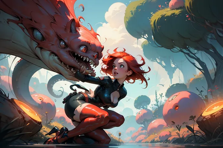 Epic sexy sheer peach skintight Cinematic PUNK ROCK cute red haired woman, with bouncing breasts in the style of Tony Sandoval and Ashley Woods art. Fighting slimy tentacles in the the clouds. EXPLOSION. Spectacular!
