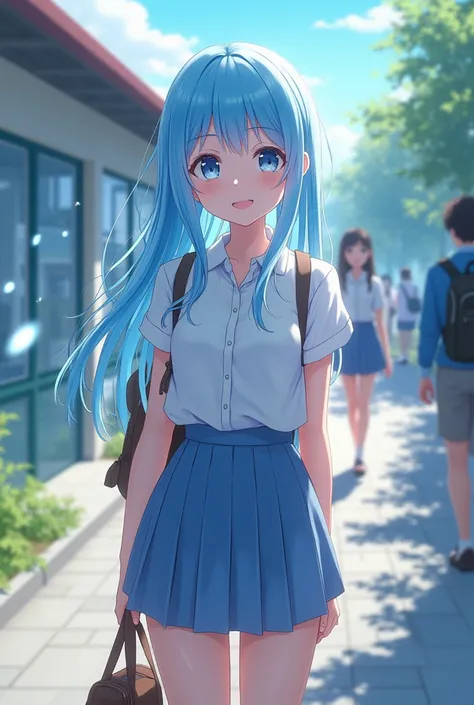 Anime girl, sky blue hair, sky blue eyes, age 15, wearing school dress, with school bag , with water bottle,school background, myth 