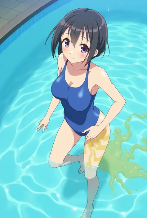 Anime, girl, girl in a blue swimsuit, half in the water, pissing herself, pissing with yellow urine, yellow urine flows from the swimsuit, yellow urine dissolves in the pool, yellow urine under water, there is a spot of yellow urine in the pool, a girl und...