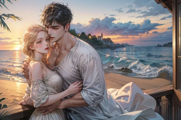 beautiful couple on a beach, muscular man and woman, casual clothes, sunset on the balcony of a cottage, romantic, 1 man, 1 woman, (best quality,4k,8k,highres,masterpiece:1.2),ultra-detailed,(realistic,photorealistic,photo-realistic:1.37),dramatic lighting...