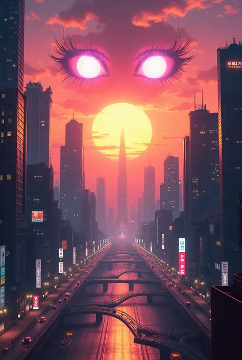 I wanted something like the Japanese cyberpunk cities in the background, as if it were a sunset, and two feminine eyes on the horizon above the city