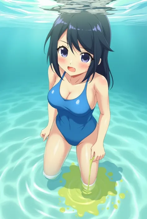 Anime, girl, girl in a blue swimsuit, half in the water, pissing herself, pissing with yellow urine, yellow urine flows from the swimsuit, yellow urine dissolves in the pool, yellow urine under water, there is a spot of yellow urine in the pool, a girl und...