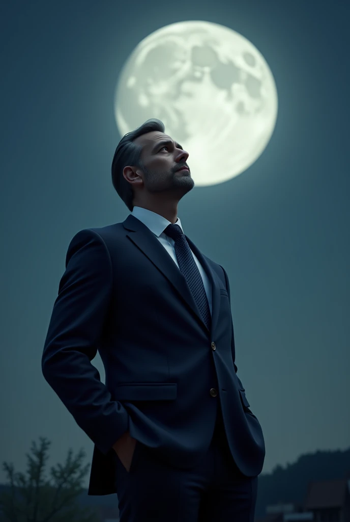 business man, wearing full suit, handsome, looking at a full moon
