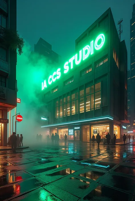 A vibrant cityscape at night, with a sleek modern building as the central focus, with a large horizontal neon sign mounted on its facade, reading “IA CCS STUDIO”, fluorescent green lights The bright, glowing lights of the signs cast a colorful glow onto th...