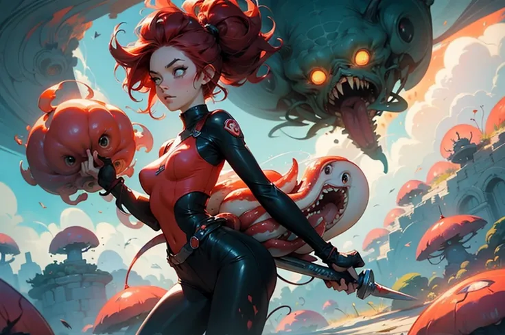 Epic sexy sheer peach skintight Cinematic PUNK ROCK cute red haired woman, with bouncing breasts in the style of Tony Sandoval and Ashley Woods art. Fighting slimy tentacles in the the clouds. EXPLOSION.
