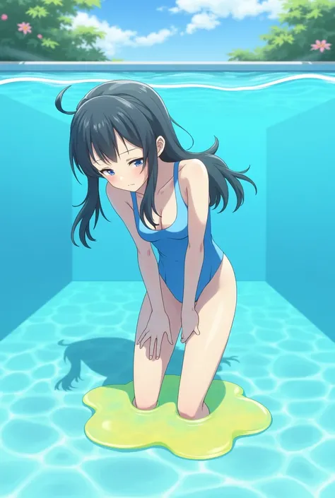 Anime, girl, girl in a blue swimsuit, half in the water, pissing herself, pissing with yellow urine, yellow urine flows from the swimsuit, yellow urine dissolves in the pool, yellow urine under water, there is a spot of yellow urine in the pool, a girl und...