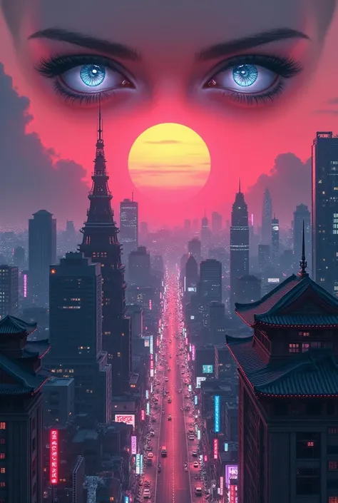 I wanted something like the Japanese cyberpunk cities in the background, as if it were a sunset, and two feminine eyes on the horizon above the city but thats at night, the same way, just highlighting the eyes a little more, as if they were the eyes of whi...