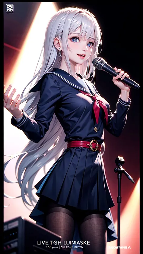 Long silver hair high school girl,Blue eyes, smile,Live Announcement Poster,Poster with logo"Lumina Live",Pause,Sailor suit,blazer,microphone,Spotlight,Bust Shot