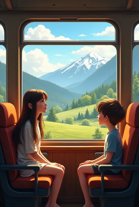 A girl nd boy in train seating opposite to each other looking outside the train to a beautiful scenery 