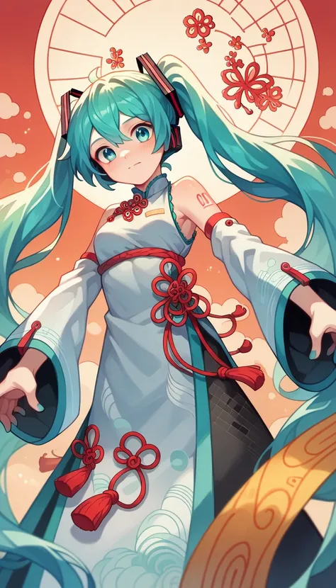 chinese background, essence, Minimalist style, great scene, Calm sea of clouds, contains operatic elements, an uncommon auspicious cloud pattern, high quality, optimum, white is the predominant color, flat viewing angle, ultra clear, delicate, Hatsune Miku...