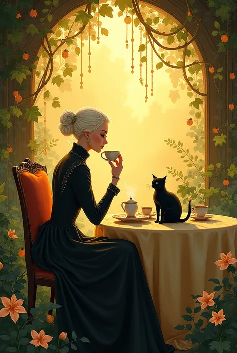 A serene, warm-toned scene in fantasy illustration style with influences of impressionism and Art Nouveau. A sophisticated woman with pale blonde hair is sitting at a sunlit table in a lush, overgrown garden. She is elegantly dressed in a dark, Victorian-i...