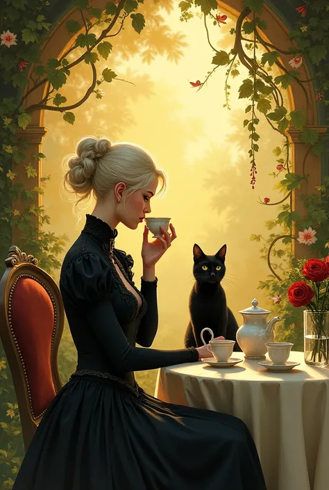 A serene, warm-toned scene in fantasy illustration style with influences of impressionism and Art Nouveau. A sophisticated woman with pale blonde hair is sitting at a sunlit table in a lush, overgrown garden. She is elegantly dressed in a dark, Victorian-i...