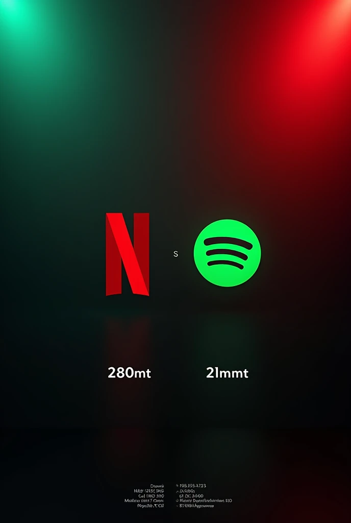 Create a 2k image with a dark red and green mixed gradient background.
With the Netflix logo in front it must have the phrase 280mt and with the Spotify logo in front it must have the phrase 215mt
And at the end it should have the phrase contacts 874141112...