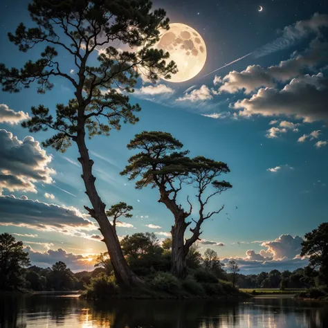 Massive clouds cover the sky and reach the ground, a moon behind the clouds reflects its light, a star-studded sky, on the right side of the screen, external lights reflect their light on a small lake, tall and shining grass from the moonlight, luminous in...