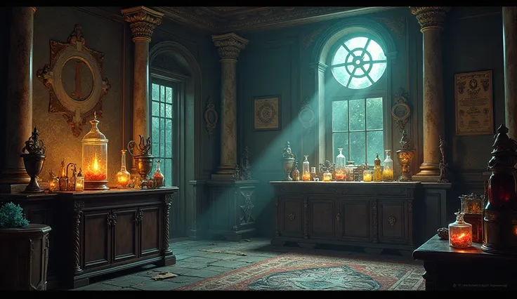 The room is filled with mysterious potions and ancient artifacts, with a dark, mystical atmosphere."