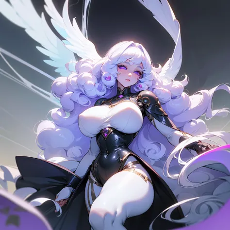 ((ultra quality)), ((masterpiece)), ((Angelic beauty woman)), ((long white curly hair)), ((White hair)), ((fluffy white hair)), ((curly hair)),  (beautiful face), (beautiful thick lips), Enchanting ((Calm facial expression)), looks at the camera with a sli...