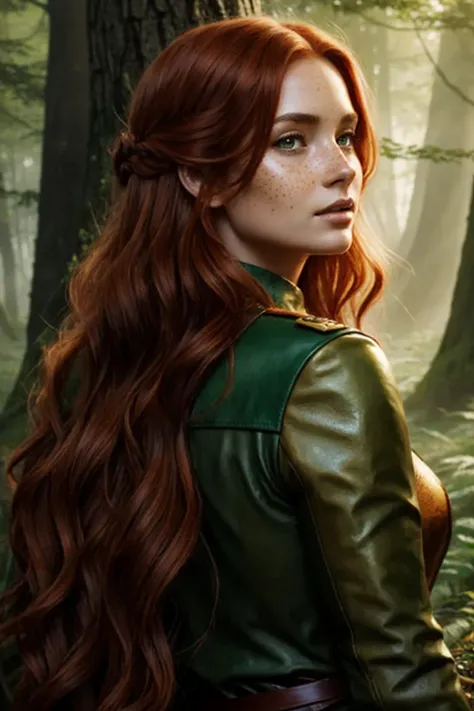 A fiery woman with fair skin and golden freckles stands confidently in a dense forest. Her long, wavy red hair cascades to her waist, and her light green eyes radiate courage and inner fire. She wears a brown leather dress adorned with natural elements lik...