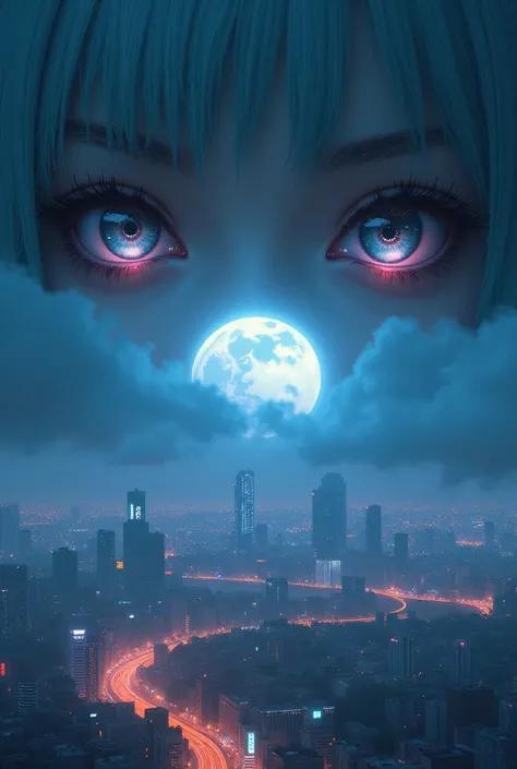 I wanted something like the Japanese cyberpunk cities in the background, as if it were a sunset, and two feminine eyes on the horizon above the city but thats at night, the same way, just highlighting the eyes a little more, as if they were the eyes of whi...