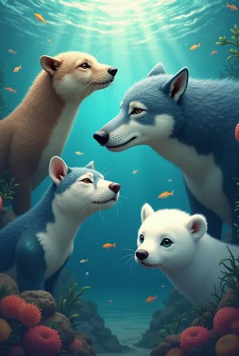 An image that includes an otter, a wolf, A mermaid, A swordfish and a polar bear on a water background, using only their heads to look more adorable 