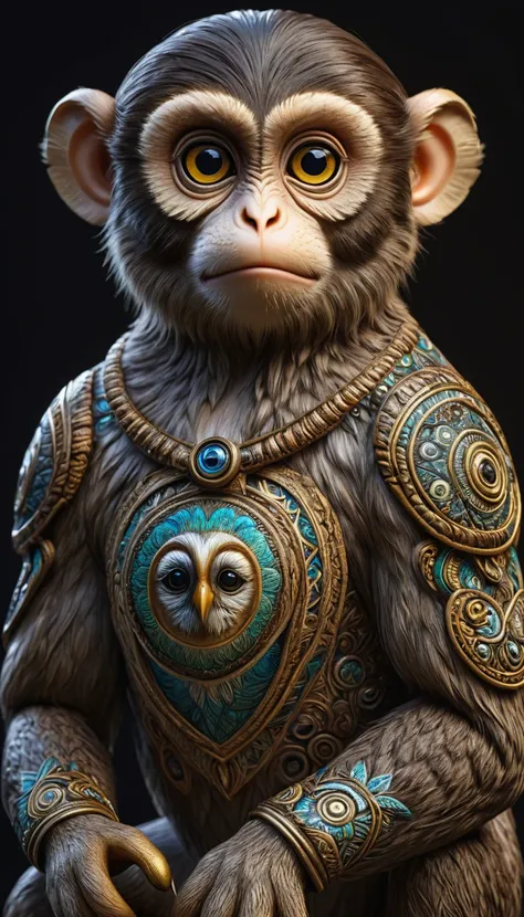 a highly detailed four-eyed monkey with an owl body, hyperrealistic, 4k, 8k, high resolution, masterpiece quality, extremely detailed animal, intricate patterns, realistic lighting