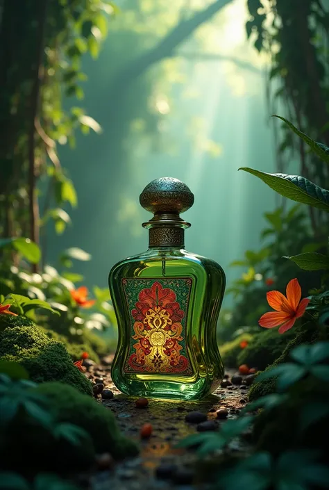 Can you give me more images of perfumes with the name "Aura Mexicana" in the perfume bottle with the background of an Amazon jungle 

