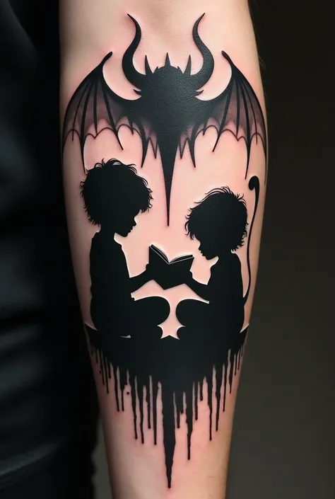 Generate me a forearm tattoo for a man with 2 silhouettes of children reading a book and a childlike demon watching over them in a metal style.
I want a tattoo that is not too big and without color..