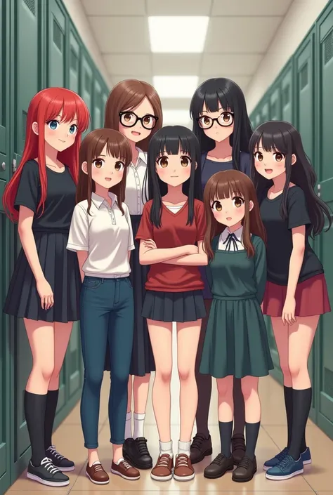 Create an image of a group of 8 female friends, a chubby one with long, medium-red hair, another with wavy hair and glasses and brown hair, one with short red hair, another with bangs and short black hair, one with medium length black hair, another with lo...