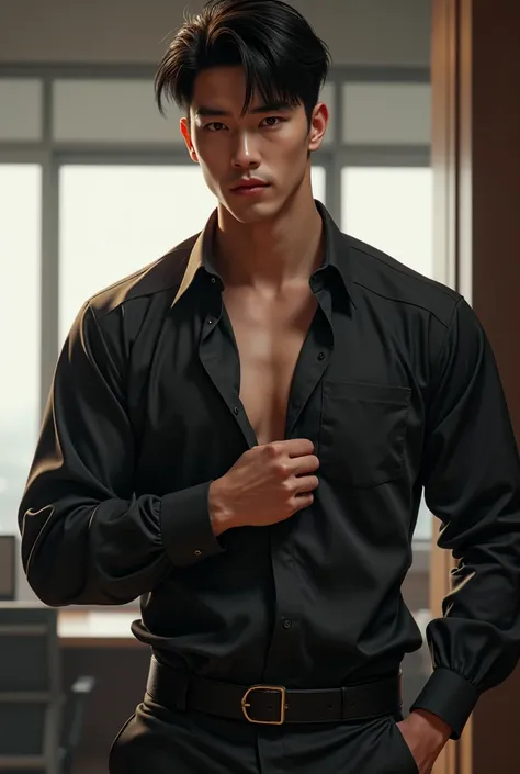 A Korean man with short hair and handsome face features wearing long sleeved shirt,muscle balance,wet clothes, pants, and shoes standing in an office with masculine pose and fierce expression, realistic,lewd smile, detailed clothes, detailed background