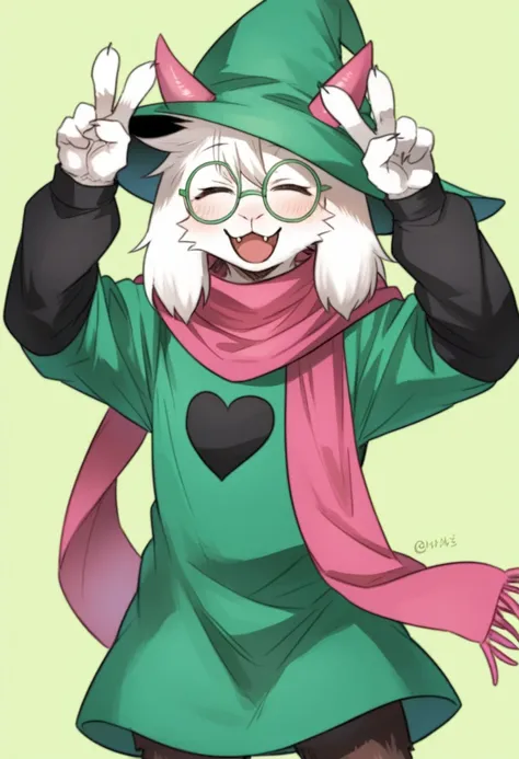 {{artist: %pepe_(jonasan)%}} (score_9, score_8_up),furry, fur, face, Ralsei(deltarune), goat, dark fur, pink horns but green because covered by the hat, black sleeves, cute, green glasses, green hat, green shirt, standing, arms up with his hands doing the ...