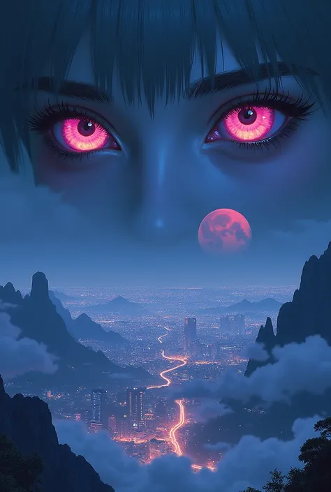 I wanted something like the Japanese cyberpunk cities in the background, like a moon crater and two feminine eyes on the horizon above the city but that at night, the same way, just highlighting the eyes a little more, as if they were the eyes of white gir...