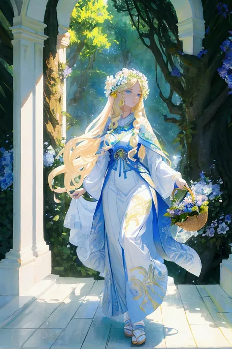 The goddess of spring, with long blond hair, blue eyes, white flowing dress, carrying a flower basket, comes out of the big tree house, surrounded by trees and flowers, bright colors, anime style, animation, illustration, 3d rendering