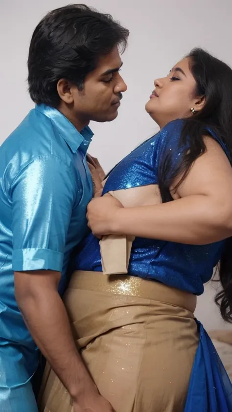 A 25 year old beautiful South Indian plus sized blue colour glittered skirt and blue colour chiffon blouse wearing teacher and her friend kissing a 68 year old man in bed room,