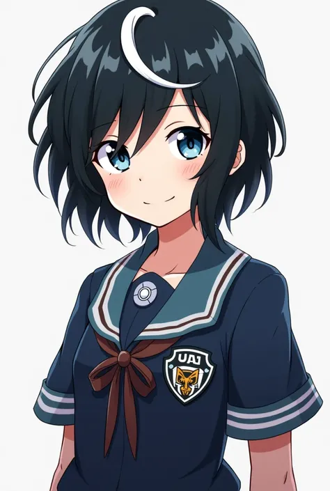 (anime character My hero academy 1),(CLOTHES: UA uniform from the anime My hero academy 2), (AGE: 16 years),(hair: Black color with only one white lock with gray 3),(eyes with heterochromia, one with light blue color and another black color 4 ) (hair un po...