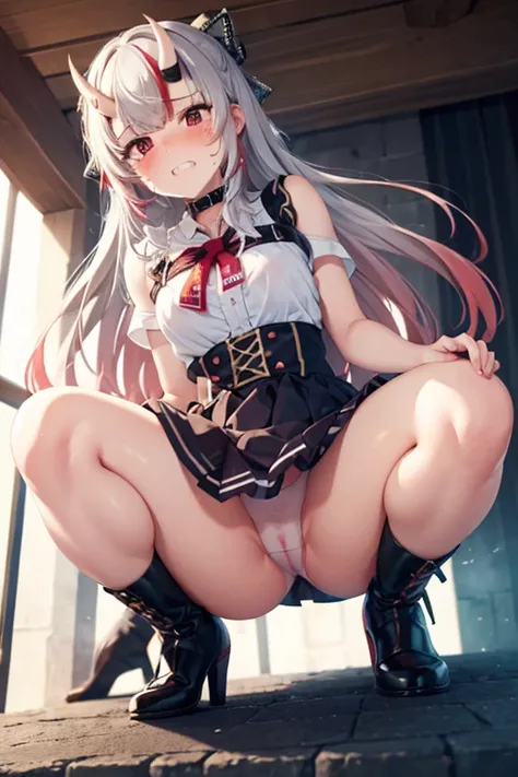 (masterpiece), best quality, expressive eyes, perfect face,nsfw:1.4,full body,handcuffs,sweat,embarrassed,public indecency,crying face:1.1,clenched teeth,from below,skirt lift:1.1,dashed eyes:1.1,open stance:1.2,statue,collar,see-through panties:1.1,mastur...