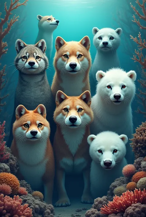 An image that includes an otter, a wolf, A mermaid , A whale and a polar bear on a coral background, using only their heads that are seen looking straight ahead 