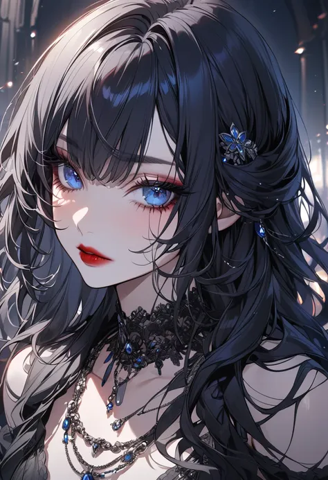 anime girl, dark blue hair, blue eyes, wine red lips, long eyelashes, black necklace on the neck, beautiful, ultra detailed, goo...