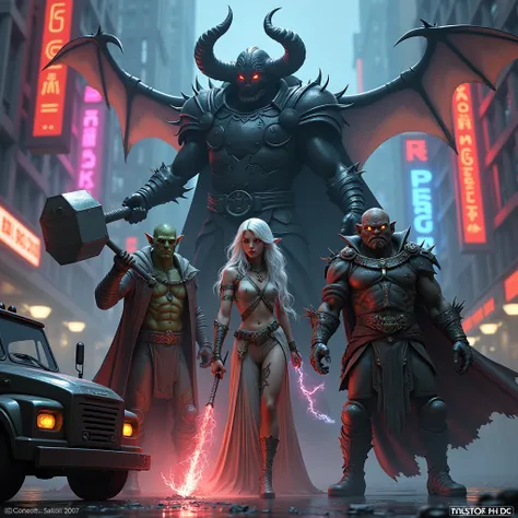 A heavily armored vampire spawn, clad in blackened steel with glowing red eyes, next to a group of diverse characters: an intricately robed elf wizard with ethereal arcane powers, her silver hair flowing as she channels a radiant spell; a rugged half-orc w...