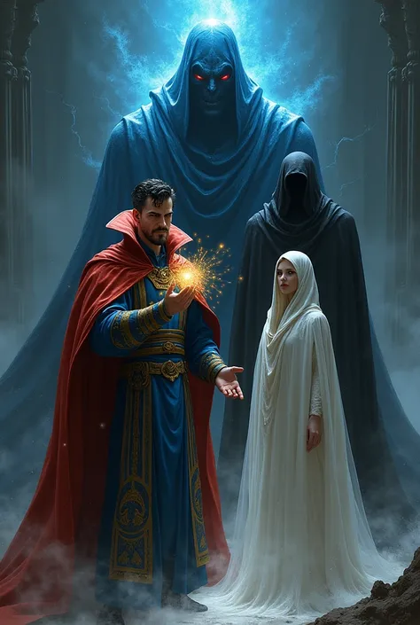 Create a group of people, Make Doctor Strange, Make Doctor Manhattan, Make a dark spectre with a dark robe, Make a woman with a round pale face wearing a white robe that covers her head 