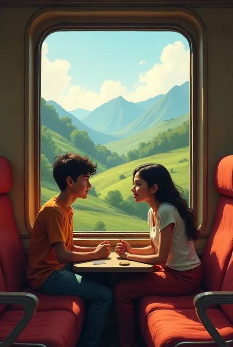 A teenboy nd teengirl in the side lower seat of an Indian train  seating opposite to each other and looking outside the train to a beautiful scenery 