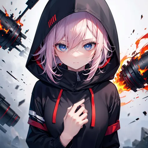 One woman,Wearing a hoodie,Hooded,Black and red((blue eyes,Look at the bottom left,Embarrassing)) Burning Background,There is a fire.,spark,hot