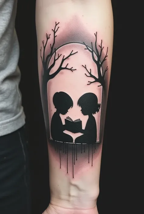 Generate me a tattoo for a man on the forearm with 2 silhouettes of children reading a book and a demon in a childish mode watching over them in a metal style
I want a small tattoo and without color.
And without over-coloring in black.
Le tatouage est en d...